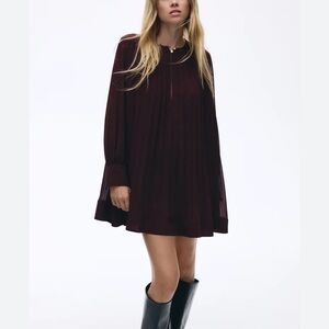 H&M Burgundy Pleated Long-Sleeve Mini Dress